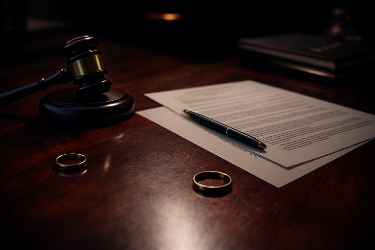 פטיש שופטים וטבעות נישואין מופרדות על שולחן עורך דין - המחשה לתביעות נזיקין בגירושין.