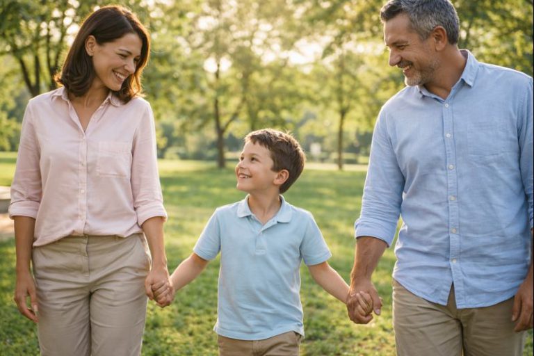 הורים במשמורת משותפת. אבא, אמא וילד הולכים בנוף ירוק