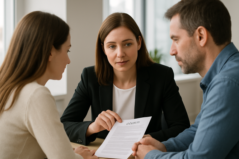 עורכת דין יושבת עם זוג במשרד שלה ומייעצת להם בהליך גירושין