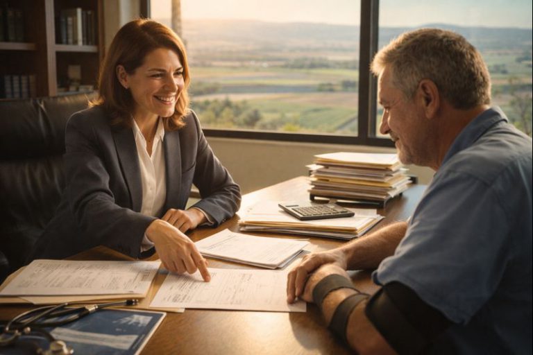 עורכת דין עוזרת ללקוח לתבוע תביעת תאונת עבודה, בחלון נוף גלילי