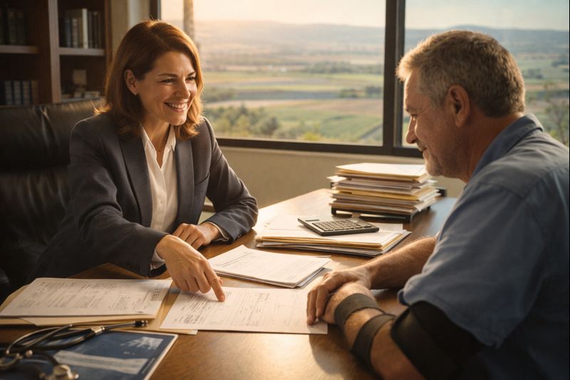 עורכת דין עוזרת ללקוח לתבוע תביעת תאונת עבודה, בחלון נוף גלילי